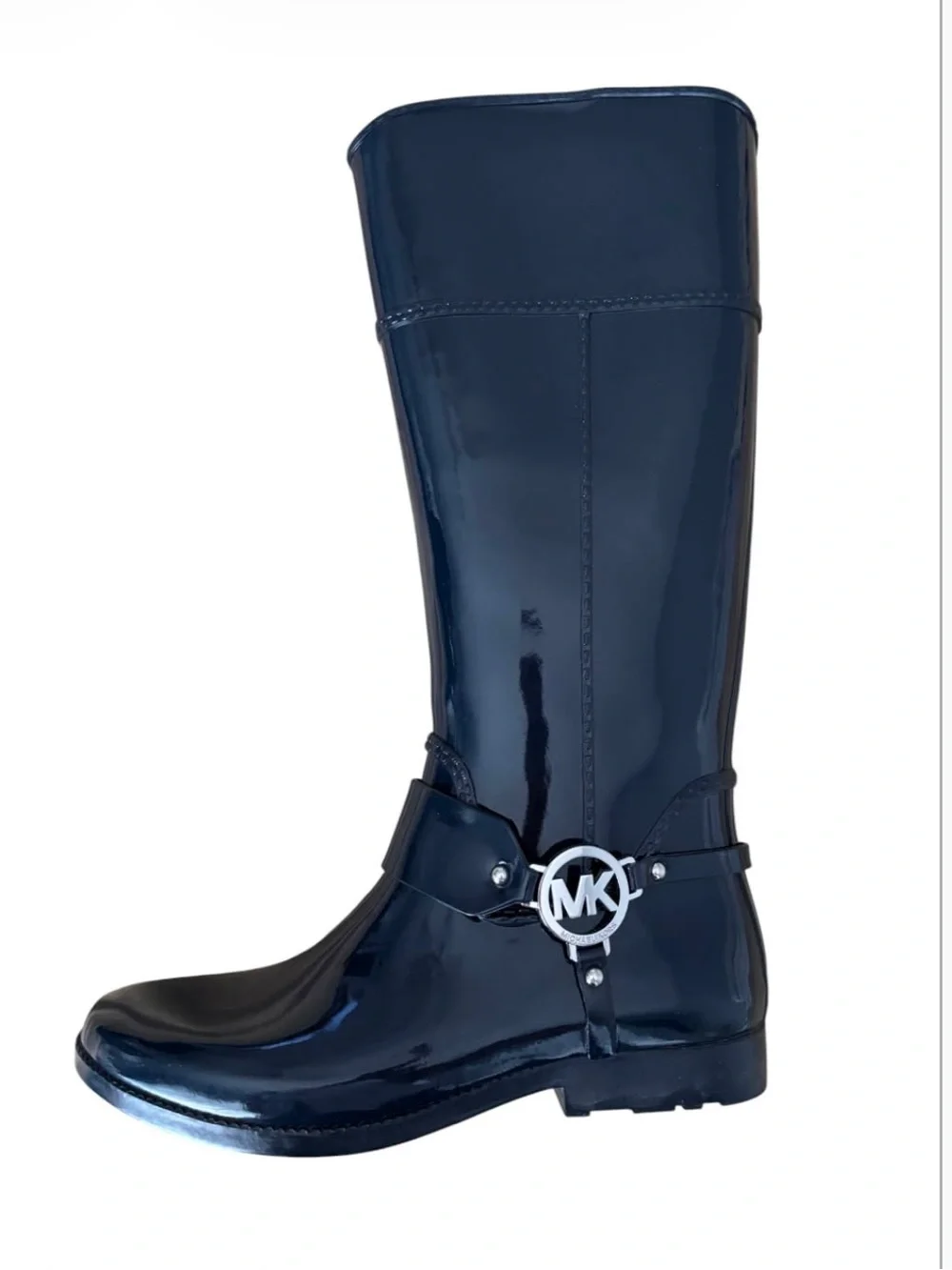 Michael Kors Fulton Harness Rain Boots Womens 9 Navy Glossy Tall Knee High MK